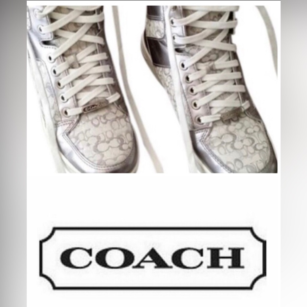 Coach hi-top sneakers. White/silver/gray monogram C sneakers. Size 6.5